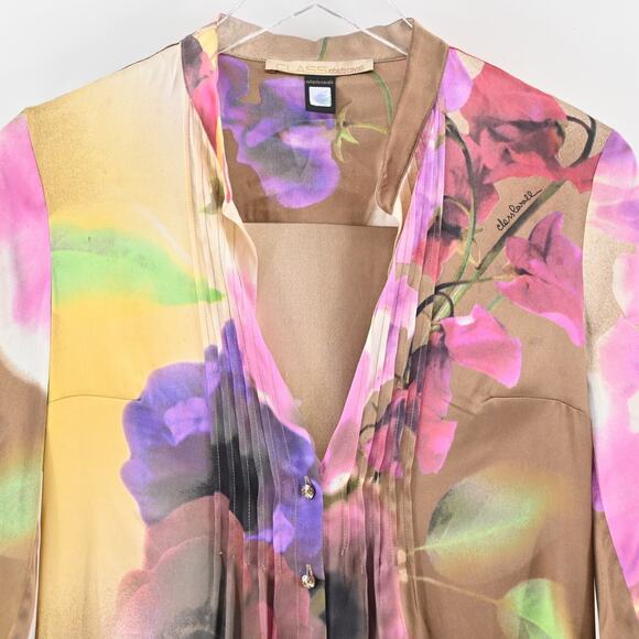 Vtg Y2k ROBERTO CAVALI Womens Silk Top Size 8 Floral Satin V Neck Button Fairy - Picture 9 of 13